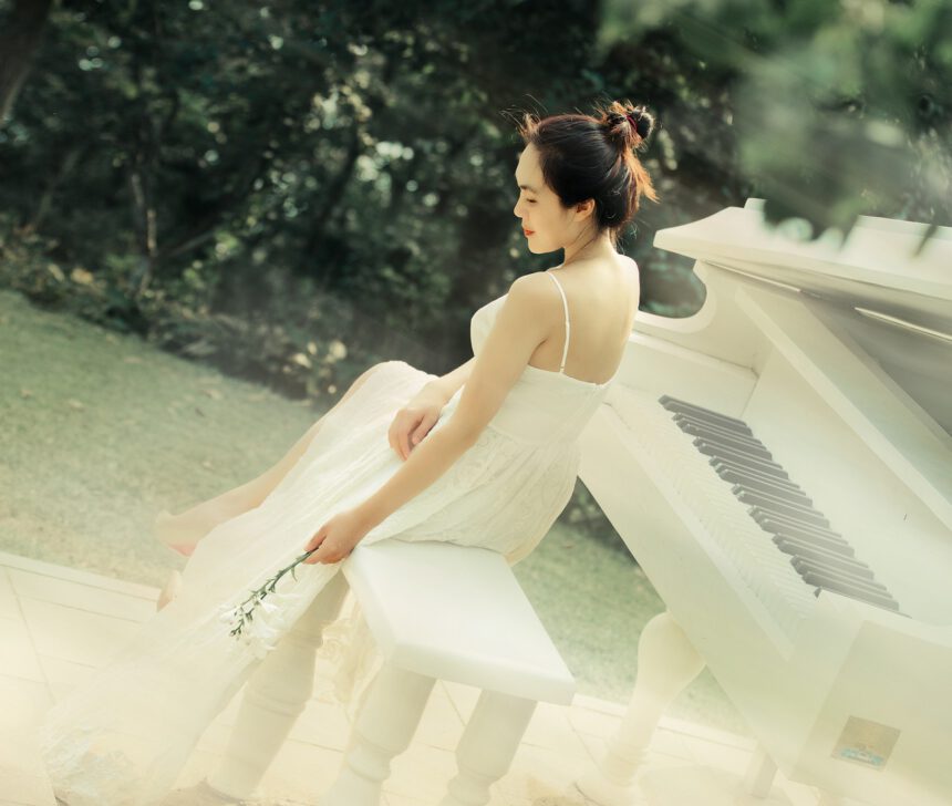piano, girl, white slip dress